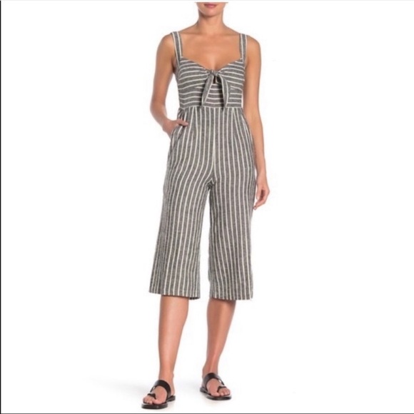 Abound Pants - Abound Striped Tie Front Linen Blend Jumpsuit